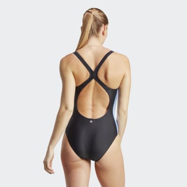 Frauen Schwimmen 3-Streifen Colorblock Badeanzug Schwarz