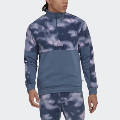Men Sportswear Blue Polar Fleece Nature Allover Print 1/4-Zip Jacket