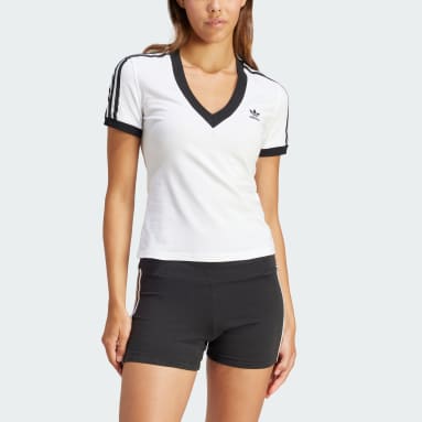 Women Originals White 3-Stripes V-Neck Slim T-Shirt