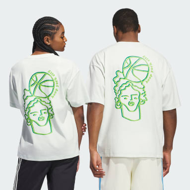 Adidas Womens Large White T Shirt w Green Logo Athletic Workout Running Top
