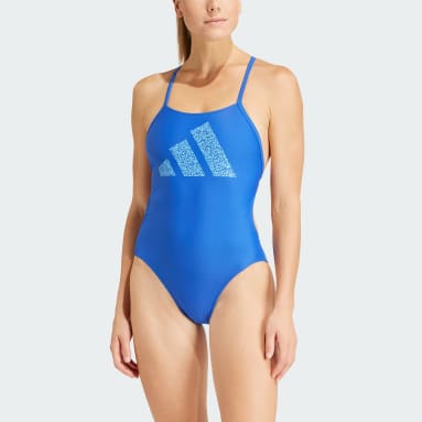 Women Swimming Blue 3 Bar Logo Print Swimsuit