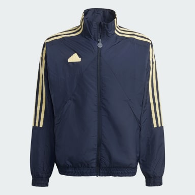 Blue adidas jacket with yellow stripes shop