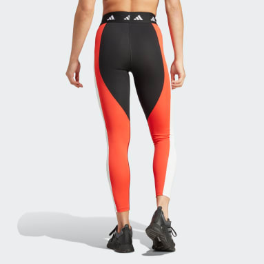 ผู้หญิง เทรนนิง สีแดง กางเกงรัดรูปเจ็ดส่วนคัลเลอร์บล็อก Techfit