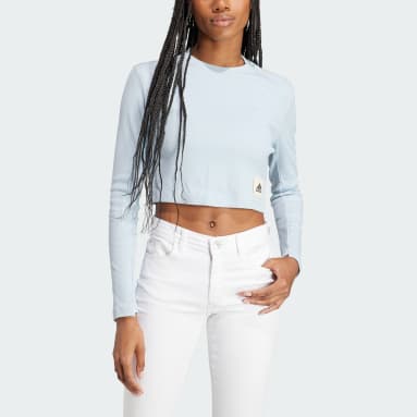 Women sportswear Blue 라운지 립 크롭 긴팔 티