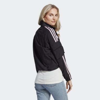 Women Sportswear Black 3-Stripes Lightweight Jacket with Chenille Flower Patches