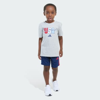Two-Piece Short Sleeve Graphic Cotton Heather Tee and 3-Stripes Shorts Set