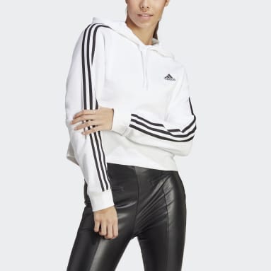 Sweat-shirt à capuche court en molleton à 3 bandes Essentials blanc Femmes Sportswear