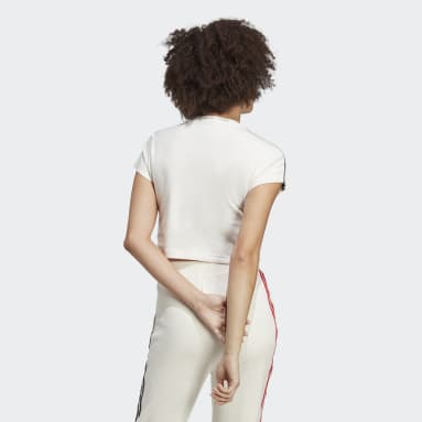 T-shirt court à 3 bandes avec patchs floraux en chenille Blanc Femmes Sportswear