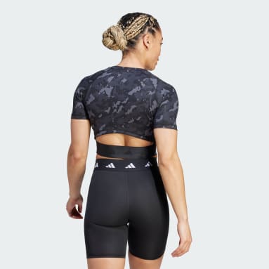 Women Gym & Training Black Techfit Camo Print Crop Training Tee