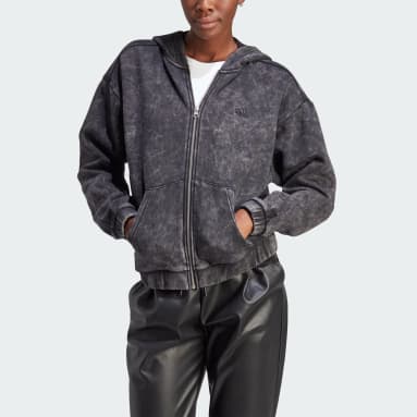 adidas Crop Full-Zip Loungewear Hoodie - Grey, Women's Lifestyle