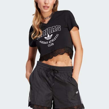 Koszulka Cropped Lace Trim Czerń