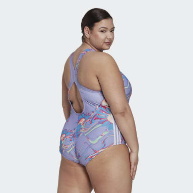 Frauen Schwimmen Positivisea 3-Streifen Graphic Badeanzug – Große Größen Lila
