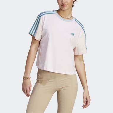 Camiseta Cropped Malha Simples Essentials 3-Stripes Rosa Mulher Sportswear