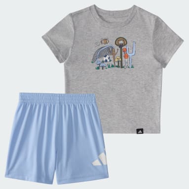 Two-Piece Short Sleeve Cotton Heather Tee and Elastic Waistband Logo Shorts Set