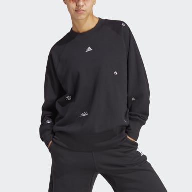 Women Sportswear Black Oversized Crewneck Sweatshirt with Healing Crystal-Inspired Graphics