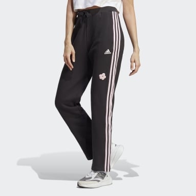 Women Sportswear Black 3-Stripes High Rise Joggers with Chenille Flower Patches