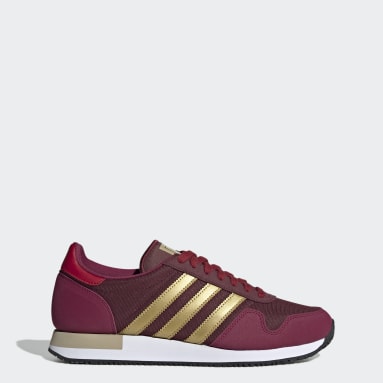burgundy and blue adidas trainers