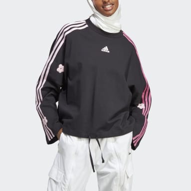 Buzo 3 Tiras con Parches Florales de Chenille Negro Mujer Sportswear