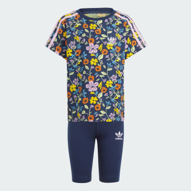 Children Sportswear Blue Floral Cycling Shorts and Tee Set