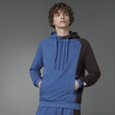 Men Training Blue Colorblock French Terry Hoodie