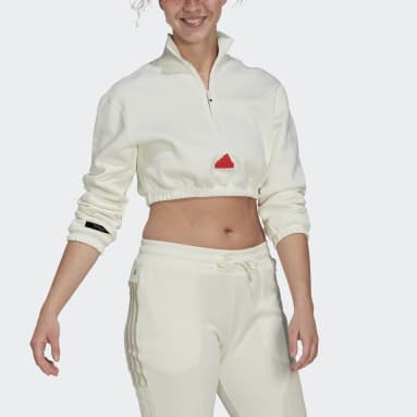 Kadın Sportswear Beyaz Cropped Half-Zip Kapüşonlu Üst
