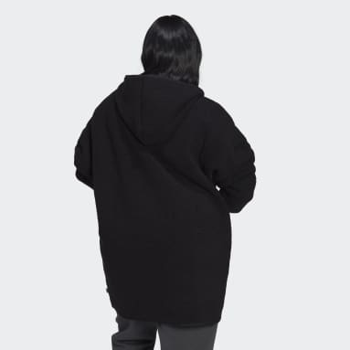 Women Sportswear Black Polar Fleece Long Hooded Track Top (Plus Size)