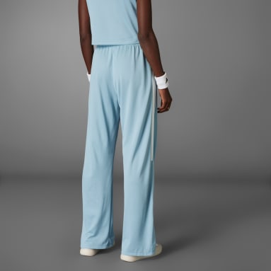 Calça Wide Leg Malha Elástica Tiro Cut Três Listras