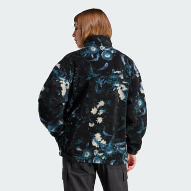 Women Sportswear Black Allover Print Flower Fleece Jacket