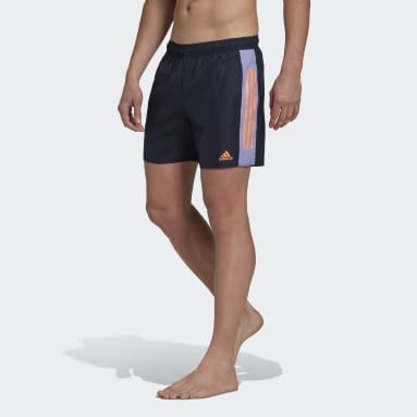 Men Swimming Blue Short Length Colorblock 3-Stripes Swim Shorts
