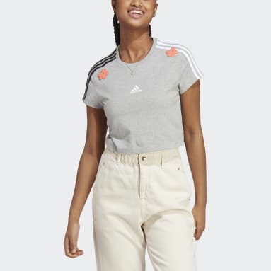 Camiseta Corta 3 Rayas con Parches Florales de Chenille Gris Mujer Sportswear