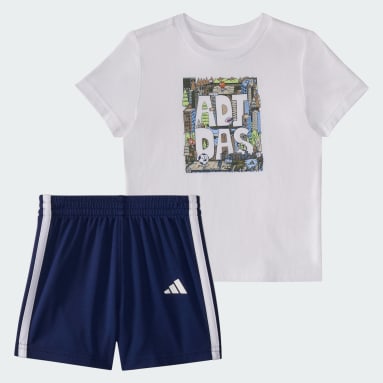 Two-Piece Short Sleeve Graphic Cotton Tee and 3-Stripes Shorts Set