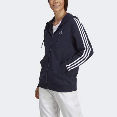 Polerón con Capucha Essentials 3 Tiras Felpa Francesa Regular Cierre Frontal Azul Mujer Sportswear