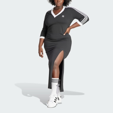 Women's Originals Black Adicolor Classics 3-Stripes V-Neck Maxi Dress (Plus Size)