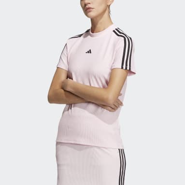 Women Golf Pink 3-Stripes Mock-Neck Shirt