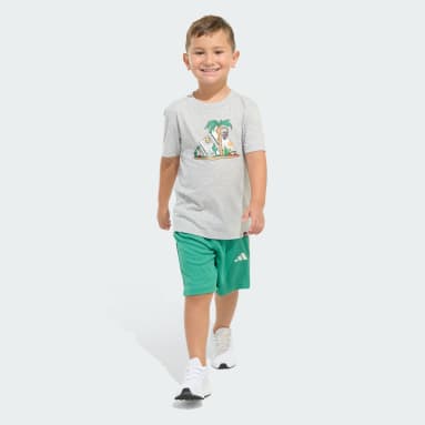 Two-Piece Short Sleeve Graphic Cotton Heather Tee and 3-Stripes Shorts Set