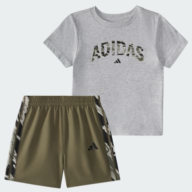 Two-Piece Short Sleeve Heather Tee and Camo 3-Stripes Woven Shorts Set