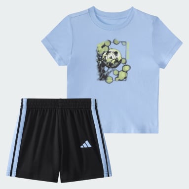 Two-Piece Short Sleeve Graphic Cotton Tee and 3-Stripes Shorts Set