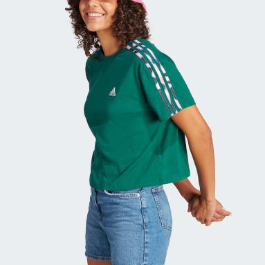 Women's Sportswear Green Vibrant Print 3-Stripes Cotton Crop Tee