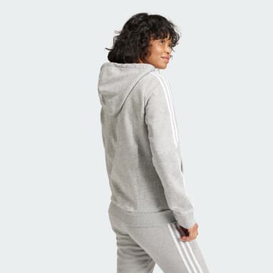 Ženy Sportswear Siva Mikina s kapucňou Essentials Fleece 3-Stripes Full-Zip