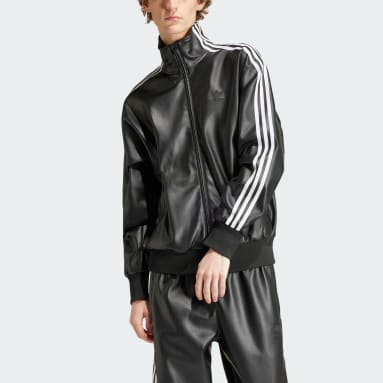Men Originals Black Faux Leather Adicolor 3-Stripes Loose Firebird Track Suit Jacket