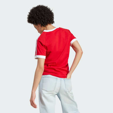 Dames Originals rood Adicolor Classics Slim-Fit 3-Stripes T-shirt