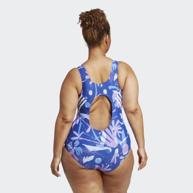 Frauen Sportswear Floral 3-Streifen Badeanzug – Große Größen Blau
