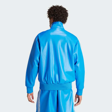 Men Originals Blue Faux Leather Adicolor 3-Stripes Loose Firebird Track Suit Jacket