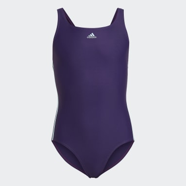 Girls Swimming Purple Athly V 3-Stripes Swimsuit