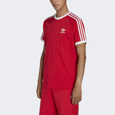 red adidas shirt with white stripes