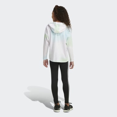 Children Sportswear White Long Sleeve Hooded Allover Print Curved Hem Tee