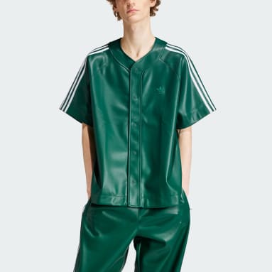 Men Originals Green Faux Leather Adicolor 3-Stripes Baseball Shirt