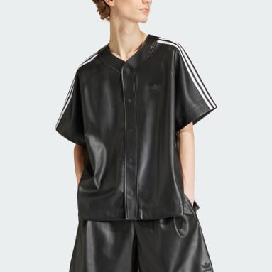 Men Sportswear Black Faux Leather Adicolor 3-Stripes Baseball Shirt