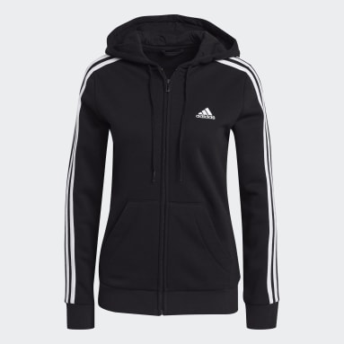 Women Sport Inspired Black Essentials Fleece 3-Stripes Full-Zip Hoodie