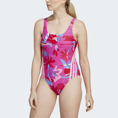 Women Sportswear Pink Floral 3-Stripes Swimsuit
